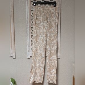 Cali 1850 Women's Tan Palm Leaf Linen Blend Straight Leg Drawstring Pant Sz XS